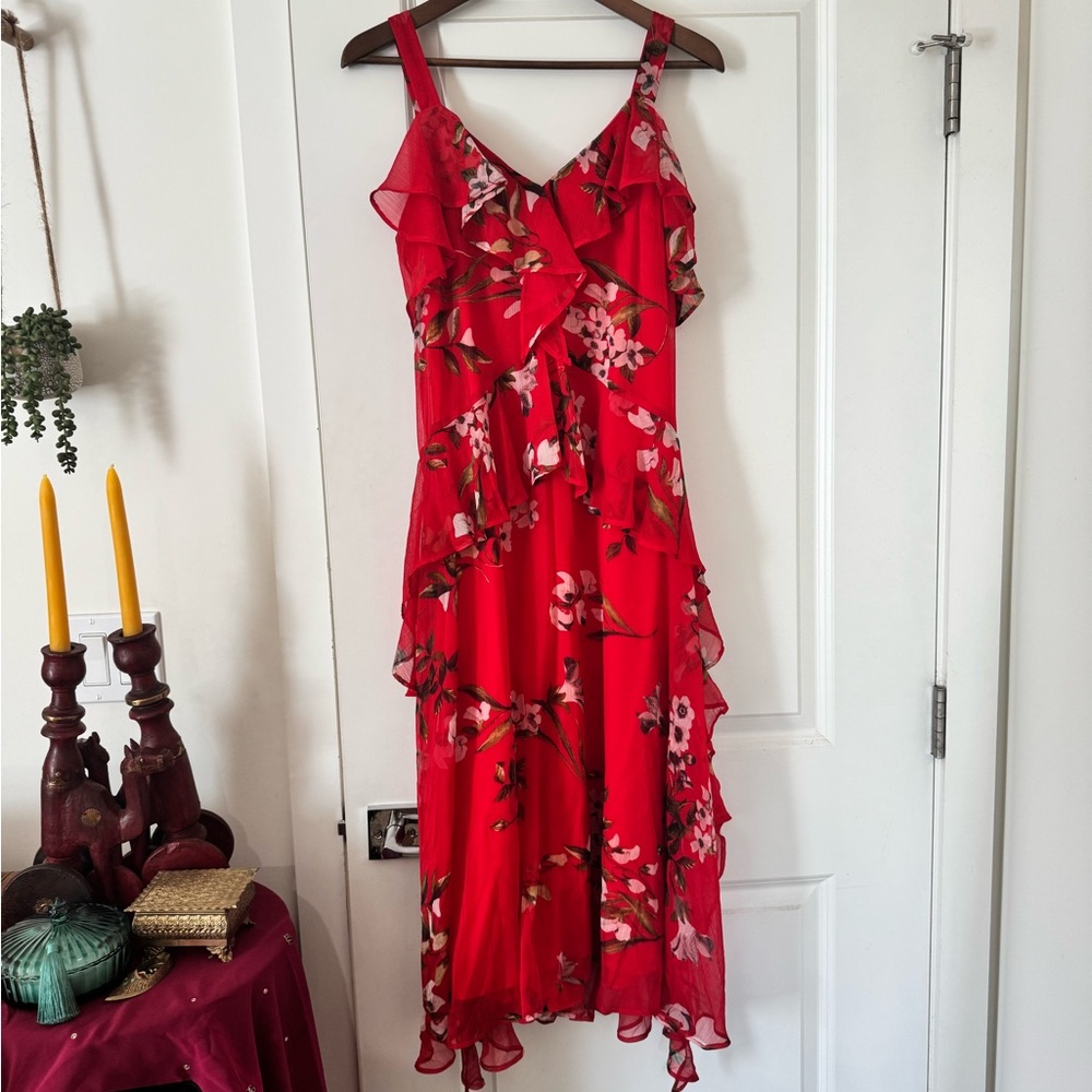 Red floral ruffle midi dress